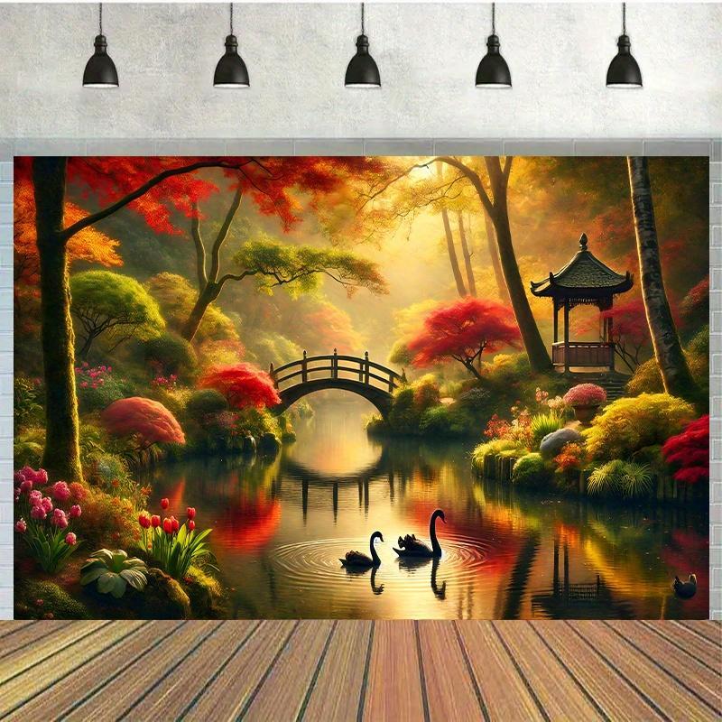 Autumn Garden Bridge Swans Wal - Interior Design With Wallpaper recension och pris