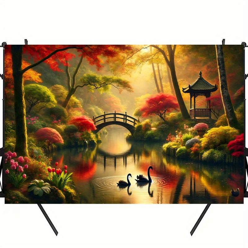 Autumn Garden Bridge Swans Wal - Interior Design With Wallpaper recension och pris