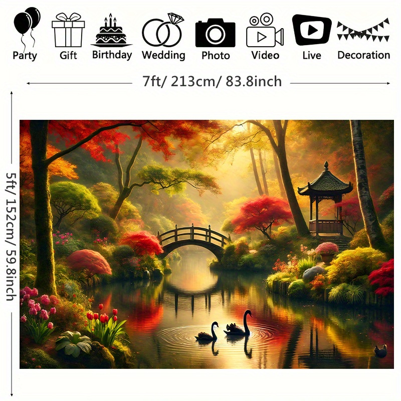 Autumn Garden Bridge Swans Wal - Interior Design With Wallpaper recension och pris