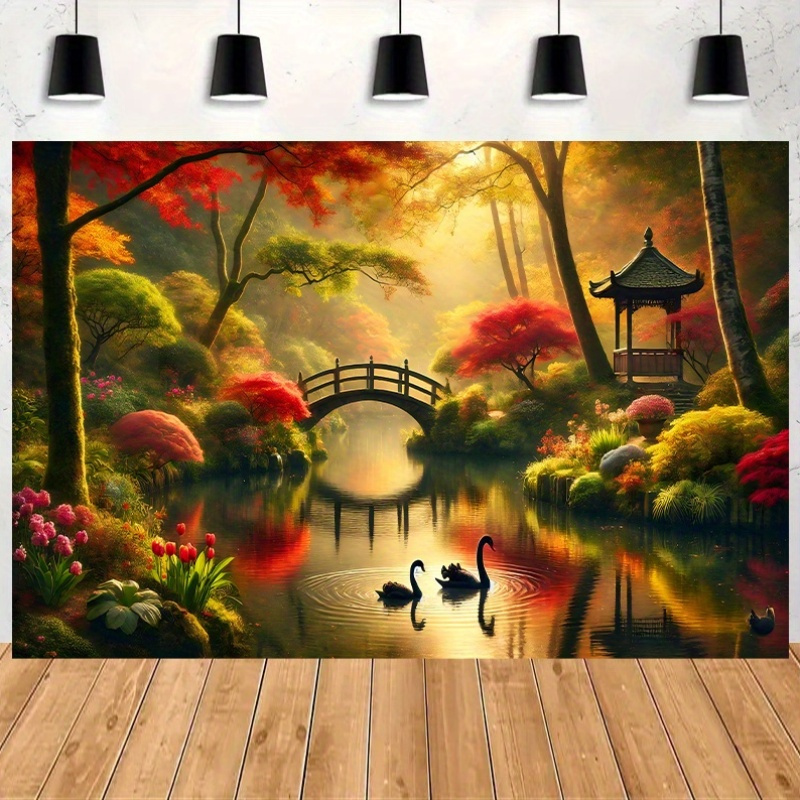Autumn Garden Bridge Swans Wal - Interior Design With Wallpaper recension och pris